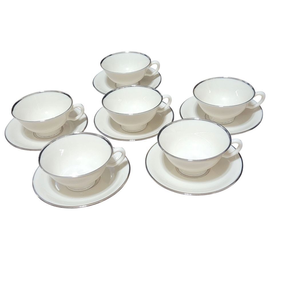 Lenox Montclair Cup and Saucer 6 Sets 12 Pieces China Platinum Ivory Dishes